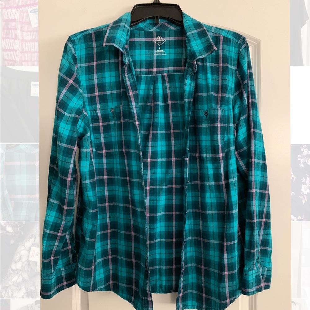 Teal plaid button up top